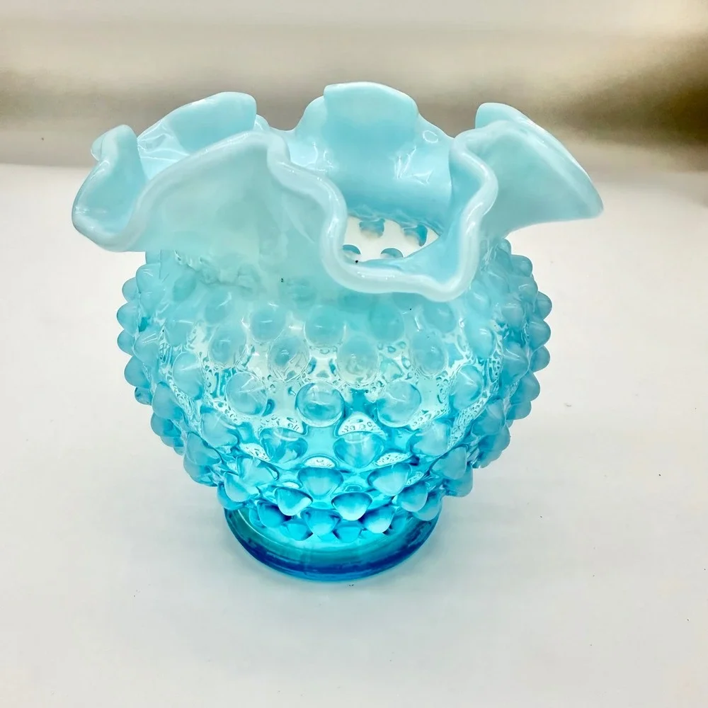 Fenton Home Vase 4.5in Glass Mid-Century Blue Opalescent Hobnail Ruffled